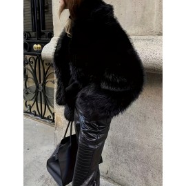 Plus Size - Women'S Plus Size Elegant Long Sleeve Faux Fur Coat - Cozy Warm Solid Color Shawl with Front Button Closure, Fluffy Lined, Slim Fit for Fall/Winter Fashion, Winter Fashion Coat | Elegant Long Sleeve Coat | Plush Lined Interior