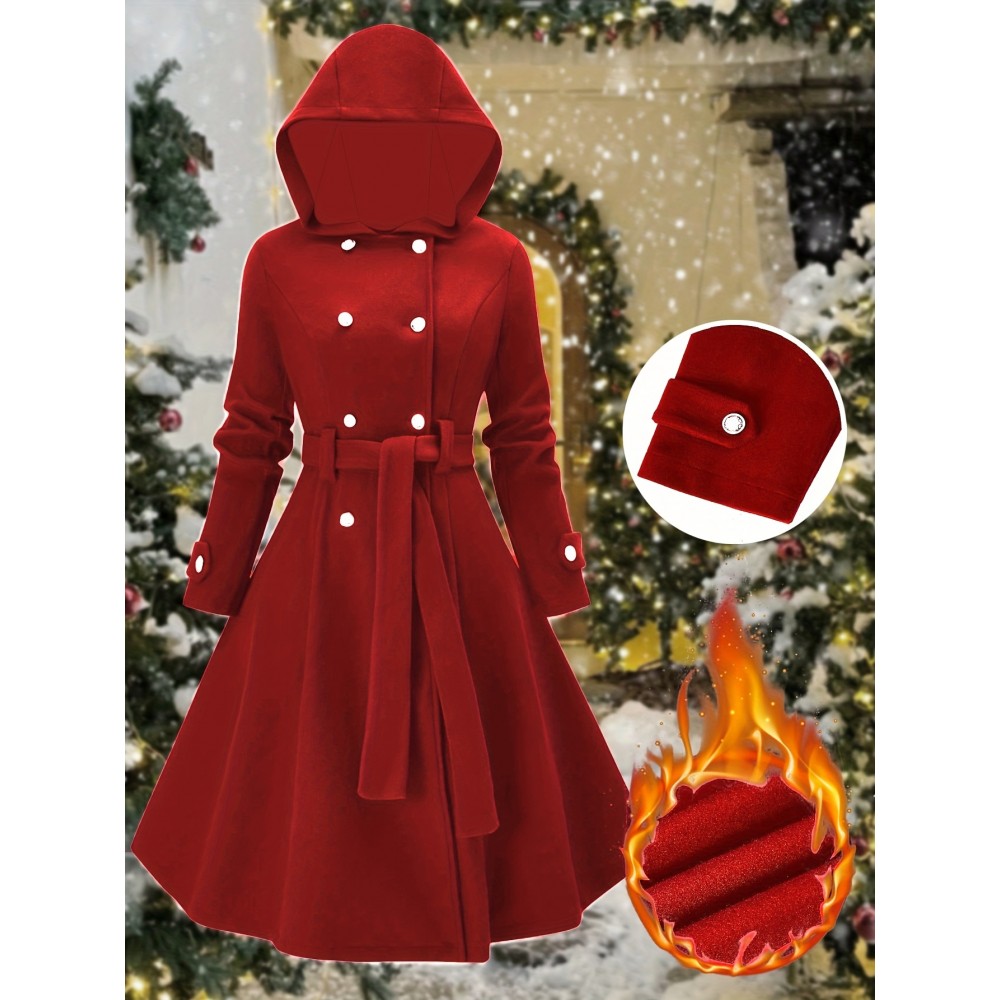 [Plus Size Christmas Coat] Christmas Women's Plus Size Coat | Elegant Double-Breasted Hooded Fleece-Style Polyester Coat with Ribbed Cuffs & Hem, Machine Washable Winter Outerwear for Holiday Parties & Cold Weather