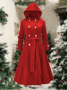 [Plus Size Christmas Coat] Christmas Women's Plus Size Coat | Elegant Double-Breasted Hooded Fleece-Style Polyester Coat with Ribbed Cuffs & Hem, Machine Washable Winter Outerwear for Holiday Parties & Cold Weather