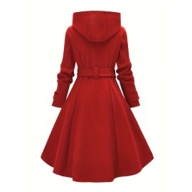 [Plus Size Christmas Coat] Christmas Women's Plus Size Coat | Elegant Double-Breasted Hooded Fleece-Style Polyester Coat with Ribbed Cuffs & Hem, Machine Washable Winter Outerwear for Holiday Parties & Cold Weather