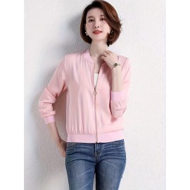 Elegant V-Neck Long Solid Color Cardigan for Women - Chic Non-Stretch Fabric, Perfect for All Seasons, Stylish Pink Blazer with Ribbed Cuffs and Hem