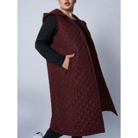 Plus Size, Women's Oversized Burgundy Hooded Vest - Thickened Long Sleeveless Coat with Full-Zip Closure, Machine Washable Winter Warmth, Elegant Casual to Formal Outerwear for Fall & Winter (Plus Size Available) - Solid Burgundy Coat for Women, Knee-Length Design, Relaxed Fit, Chic Hooded Style, Versatile Layering Piece for Casual Attire, Winter Vest for Women Plus Size, Plus Size Coats, Sleeveless Jacket for Women, Womens Curve Winter Vest, Vest for Women Winter