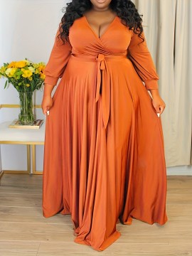 Plus Size Elegant Surplice Neck Maxi Dress - Soft Solid Color, Long Sleeve, Tie Waist, Flattering Fit for Spring & Fall - Women's Comfortable Plus Size Clothing for Everyday Wear