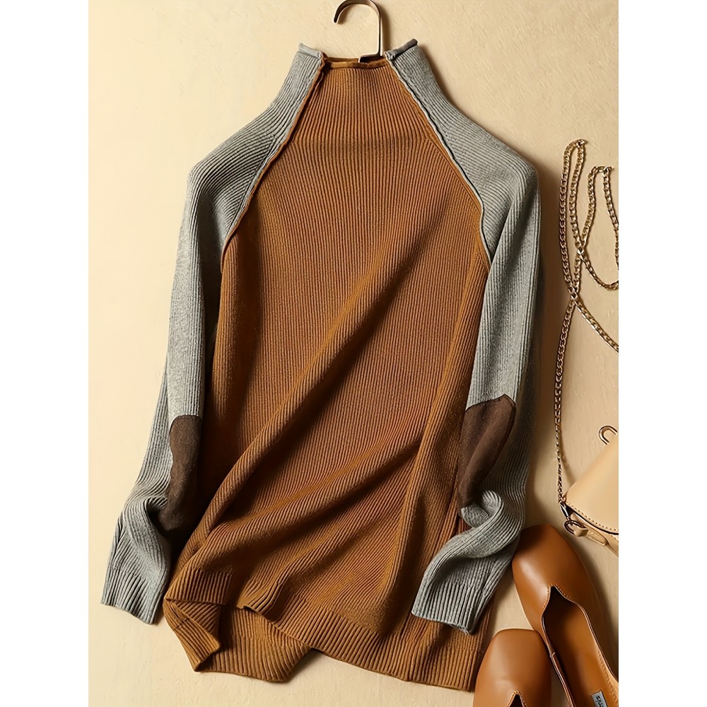 Plus Size, Women's Oversized Layering Sweater - Winter Warm High Neck Turtleneck Pullover, Brown/Beige//Gray, Hand Washable Thick Sweater for Fall & Winter, Casual & Office Wear, Plus Size Friendly Cozy Sweating-Free Base Layer