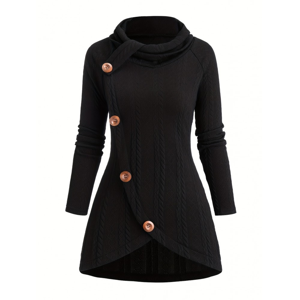 Plus Size, Plus Size Women's High Neck Asymmetrical Button-Front Long Sleeve Top - Stretch Fabric, Machine Washable, Solid Black Casual Chic Fall Winter Tops, Seasonal Wardrobe Staple, Stylish Knitwear, Quality Stitching, Button Front Blouse, Stylish Wardrobe Essential
