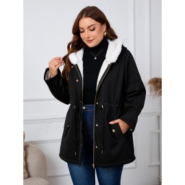 Plus Size, Women's Oversized Elegant Hooded Winter Coat - Heavyweight Full-Length Winter Jacket with Golden-Tone Hardware, Machine Washable Long Sleeve Trench Coat with Pockets for Fall & Winter, Plus Size Available (Solid Black) - Casual to Formal Outerwear